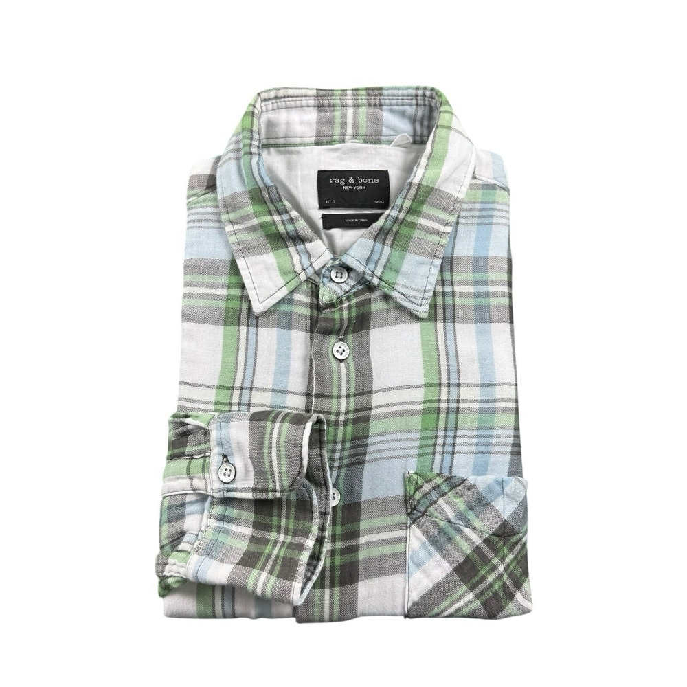 Rag & Bone Mens Fit 3 Woven Flannel Check Metal Button Front Shirt Green Gray M